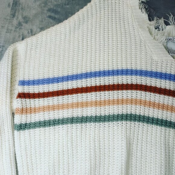 Rue21 Womens L Distressed Sweater White Striped‎ Knit Pullover Grunge Y2K - Picture 6 of 9